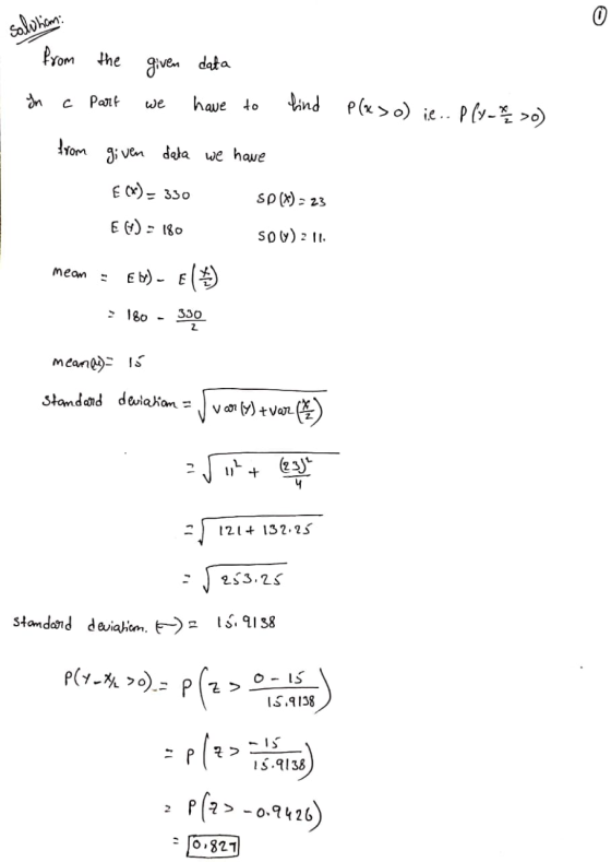 solution from the given In c Part we data have to find P(x > 0) ie.. Ply_ / 0) from given data we have E (*) – 330 SP(x) = 23
