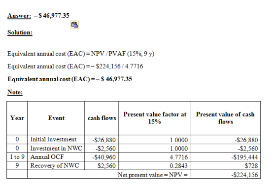 Answer: -S46,977.35 Solution (EAC) NPV /PVAF (15%,9 y) Equivalent annual cost Equivalent annual cost (EAC)-$224,156/4.7716 Eq