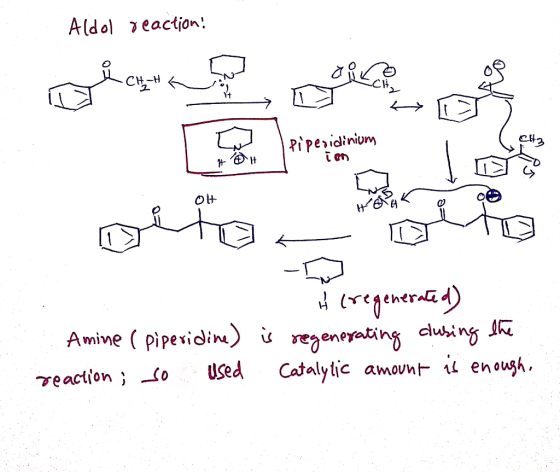 Aldol eaction CHH Piperidinium Amine (piperidin) i regenerating aubing h Used Catalylic amount i enough eaction o