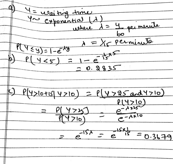 9= waiting time exponential id) where = 4 gen menute bor _पहा -हा =Xs perminute Bely<5) = 1-é is = 0.2835 14795 and Y710) Ple