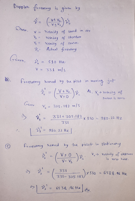 Doppler frequency is given by 2 v! Ve V&V, Where, Velocity of sound in air Velocity of obserber V vo Velocity of do Actual fr