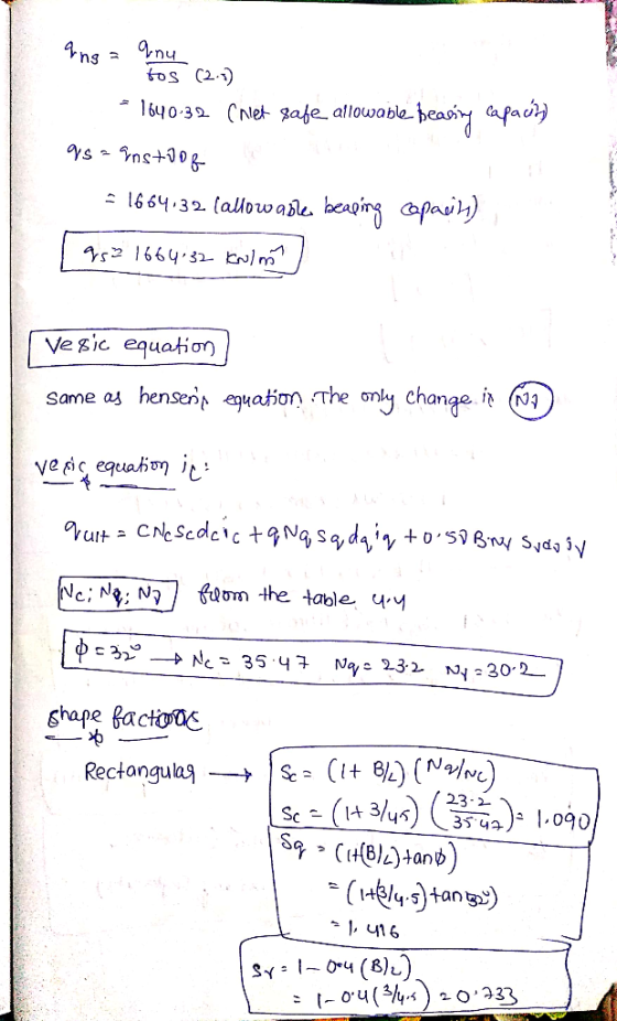 ang = anu a tos (2.0) * 1640-32 caiet gabe allowable bearing capacity qs = anstoof - 1664.32 Callowable bear 95² 1664.32 kolm