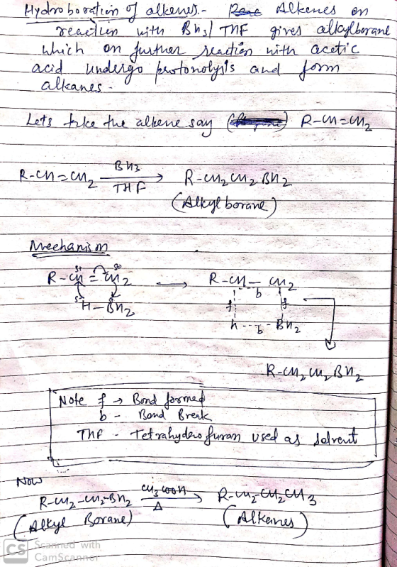 Hydroboration of alkenes. Rere Alkenes on reaction with Bris) THE gives allylberane which on further reaction with acetic aci