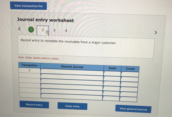 View transaction list Journal entry worksheet Record entry to reinstate the receivable from a major customer. Note: Enter deb