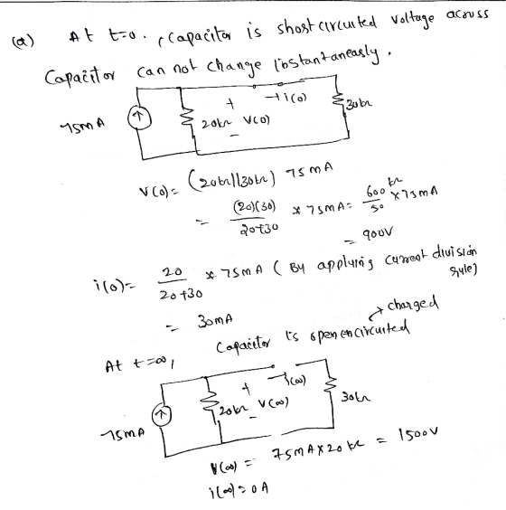 (a) At E-o.ccapacitor is shost cırcuited Voltage acouss Capacit or can not change lostantaneagly. Hi(0) YsM A Bubr 20kn Vco)