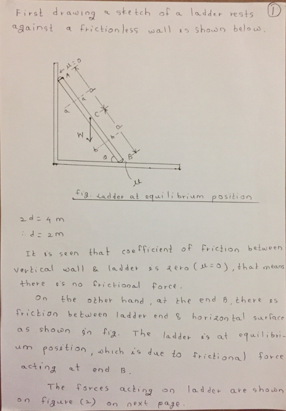 drawing stetch of a ladder rests First D against a Friction ess wall s shown belous or 3 taddet at equilibrium positian 2 m I