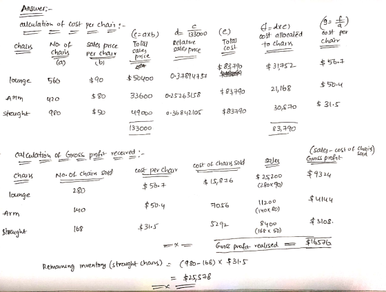 Answer alculahon of cost per chaui:- dxe) to st allocaled to chain d133000 (e) Tola CoSt co st per G-aхь) chair pelative sale