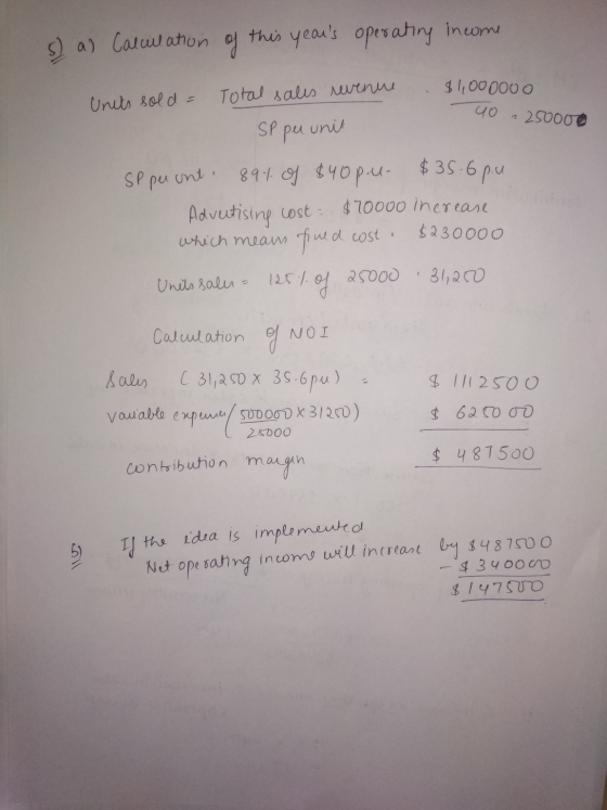 5) a) Calculation of g this years operating income Units sold = Total sales revenue $1,000000 90 250000 SP per unit $35.6 p.