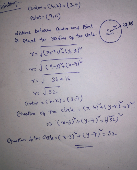 Solution - Chik) Center - Chik) = (317) Point = (9111) distance between Center and Point is equal to radies of the circle. I