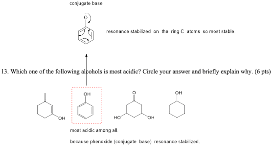 conjugate base resonance stabilized on the ring C atoms so most stable. 13. Which one of the following alcohols is most acidi