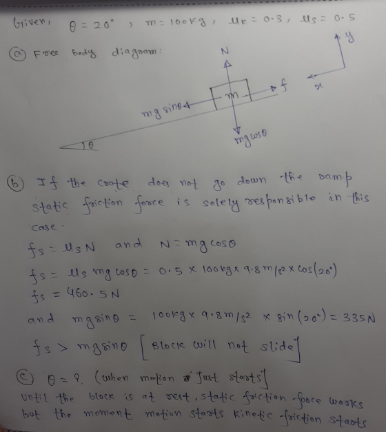 o=20° , m= lookg, Uke 0-3, lls = 0.5 Griven, a) Free body diagram: N of a Em mg sinos mgwso 6 If the coate does not go down t