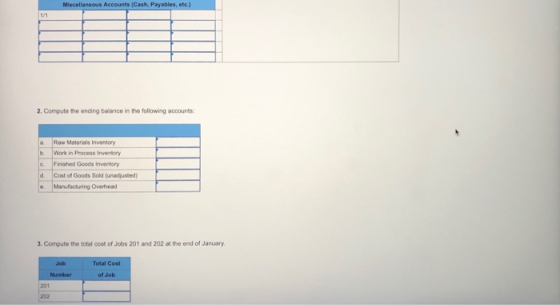 Miscellaneous Accounts (Cash, Payables, etc.) 1/1 2. Compute the ending balance in the following accounts: Raw Materials Inve