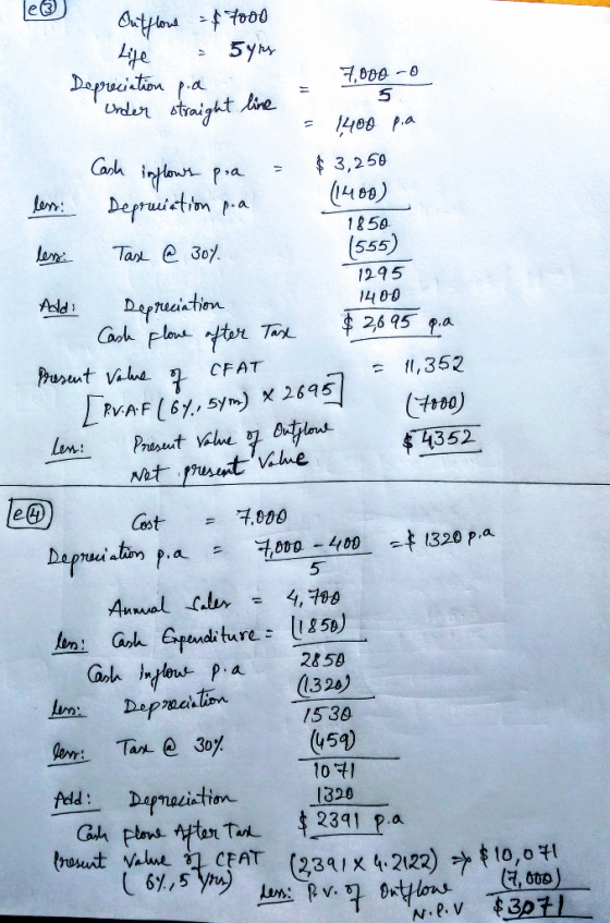LRVAF (67, 5Ym) x 2695 Outflow = $7000 Lije - 5yrs Depreciation p.a 7.000-o Under straight line - 5 = 1400 pa Cash inflows pi