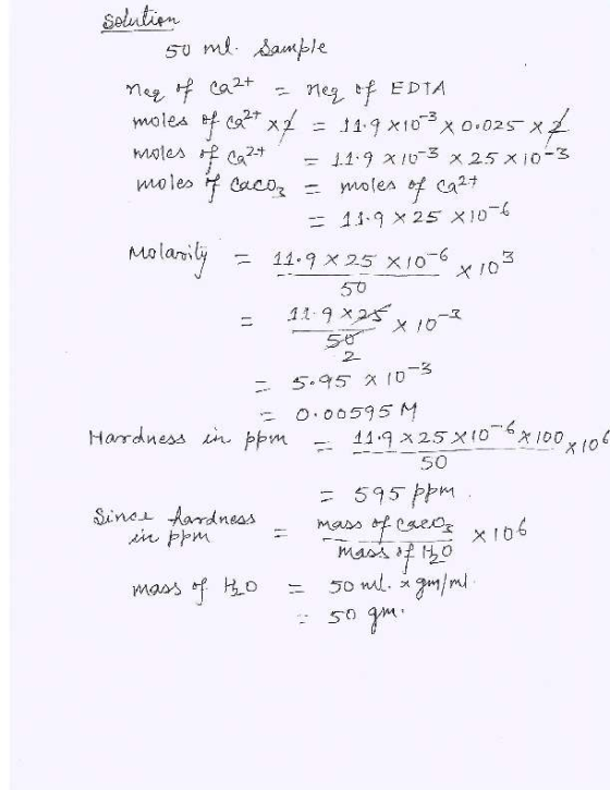 Selutin 5U mt amble Mae Ca2+ moles a neg EDTA = 119 x10x o.025 X - 1.1.9 x10 x 25 x 10-3 moles bf ca moles Caco 11.9 x 25 X10