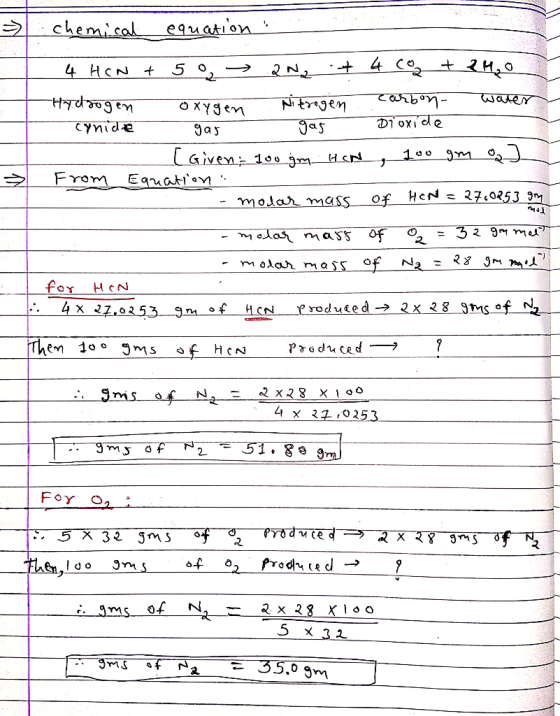 - chemical equation in 4 Hent52 → 2N2 + 4CO2 + 2H₂O Hydrogen oxygen Nitrogen carbon- water Cynidre gas gas Dioxide - [Given: