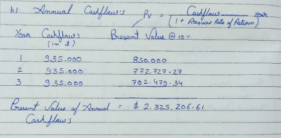 by Year Annual Cashflaws for Contiflaws of fater year. Cashflows Present Value @ 10%. 9.35.000 935.000 9.35,000 850,000 772,
