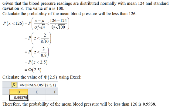 Given that the blood pressure readings are distributed normally with mean 124 and standard deviation 8. The value of n is 100