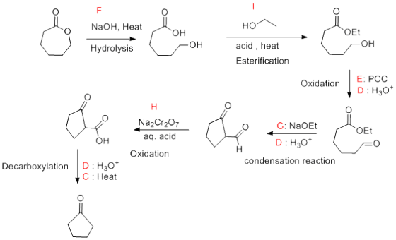 но NaOH, Heat он Hydrolysis COH -OH acid, heat Esterification Oxidation E: PCC D:H20 Na2Cr2O7 aq. acid OH G: NaOEt D: H30* Ox