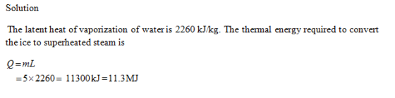Solutionn The latent heat of vaporization of water is 2260 kJ/kg. The thermal energy required to convert the ice to superheat