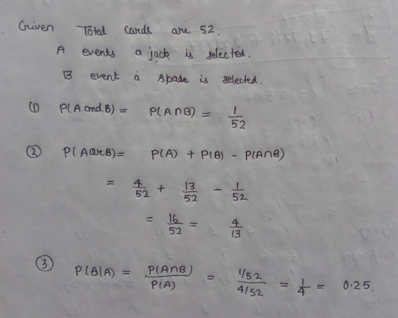 Griven Total Cards are 52 A events a jack is selected. B event a sbade is selected D. PLA and B) = PLANB) = 1 52 PC AQB)= P(A
