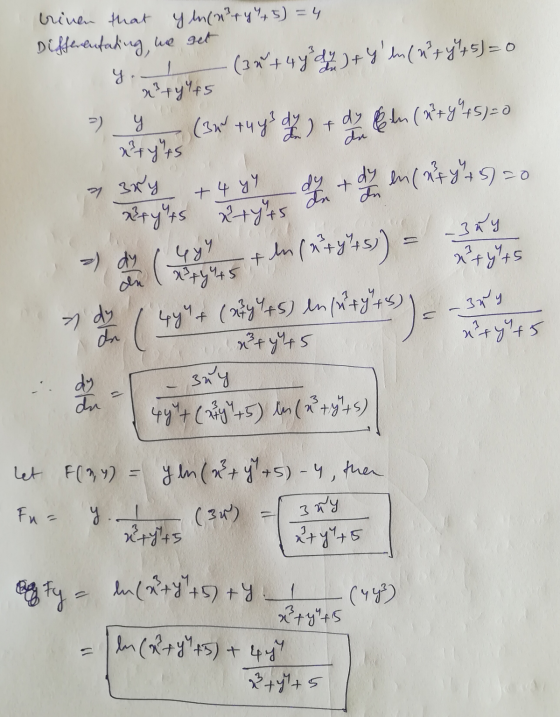 atyt5 brine that your y + 5) = 4 Differentating we get 4.1 (3u +44 dy ) + Y ln (nt y + 5) = 0 x² + y +5 Par (3x +44% 0 + d