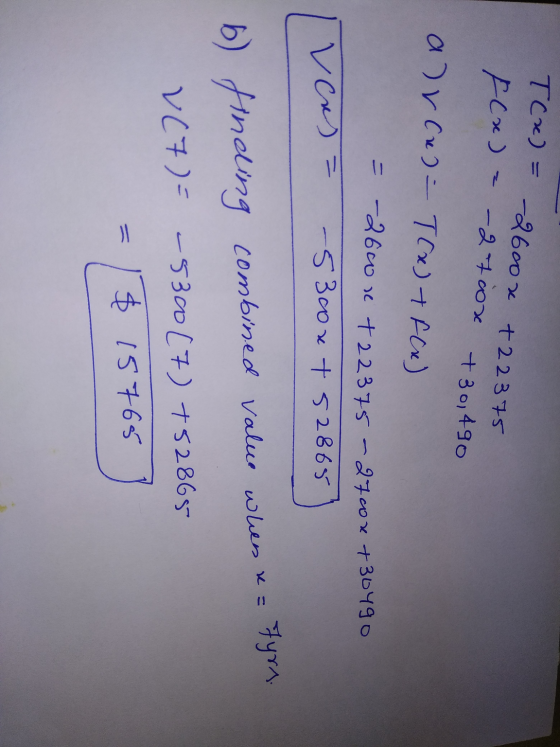 T(2) = -2600x +22375 F(x) = -27 con +30,490 arcas - TCx) + f(x) = -26001 +22375-270x +30490 -53cort 52865 vers fyrs. b) findi