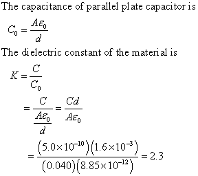 The capacitance of parallel plate capacitor is CO The di electric constant of the material is 010 II Cd AE Aểu = (5.0x10=10)(