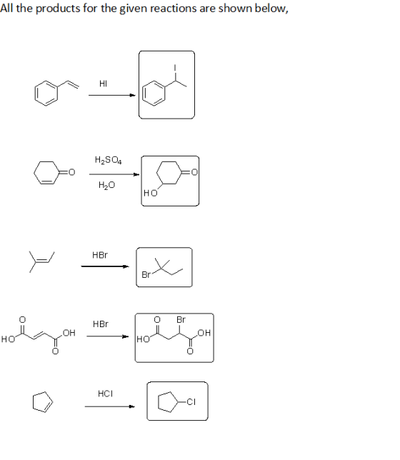 All the products for the given reactions are shown below, HI H2SO4 H2O HBr w = AX mohlagan er volta HCI