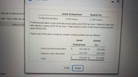 rate per professional la Janek Enterprises Quartz Inc. rate. Then enter the ar Professional labor 2,800 hours 2,200 hours Pro