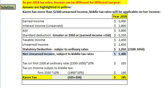 Solution: As per 2018 tax rules, Answer can be different for different tax year: Answer are highlighted in yellow: Karen has