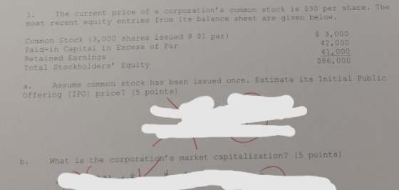 The current price of a corporations common stock is $30 per share. The 1. most recent equity entries from its balance sheet
