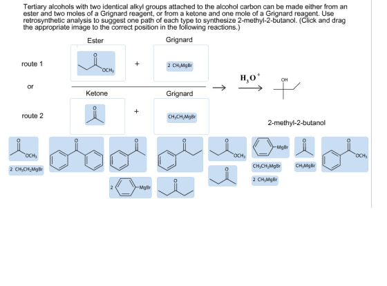 Tertiary alcohols with two identical alkyl groups attached to the alcohol carbon can be made either from an ester and two mol