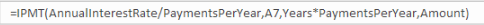 IPMT(AnnualInterestRate/PaymentsPerYear, A7, Years*PaymentsPerYear, Amount)