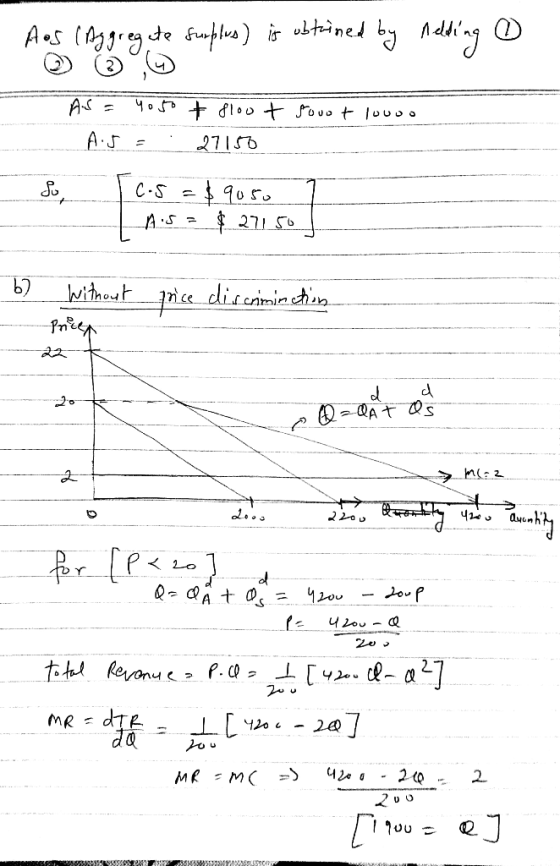 Aos (Aggregate surplus) is obtained by Melding 0 As = A.J 4o5ot floot youot lovoo = . 27150 L c.5=$9050 A.S= $27150 1 bo with
