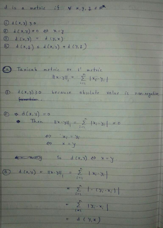 丸 E IR a me tyic d (y) a) Taxicab metrie-01..-L metric (引 3)2o because absolute value is non n ะเ に1 LEL