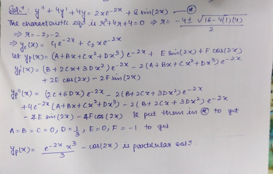 let Solicy + 4y+4y= 2x1-23 +2 31(20) The characteristic equ is 1+49+4=0 = - 4116-411) (4) => A=- 2 - 2 Ye (X) = 4e-2x + Cg