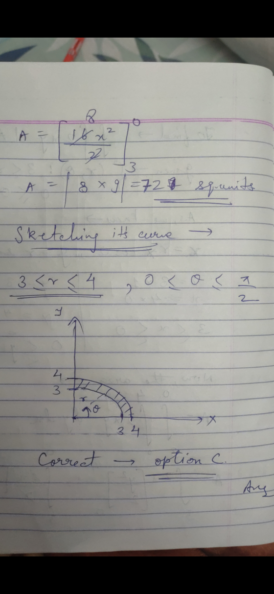 = 16x2 A = 2 -A= 8 x 91 = 72 sq.m Sketching its cure - 35754 ,O<O< 3 4 Correct option C.
