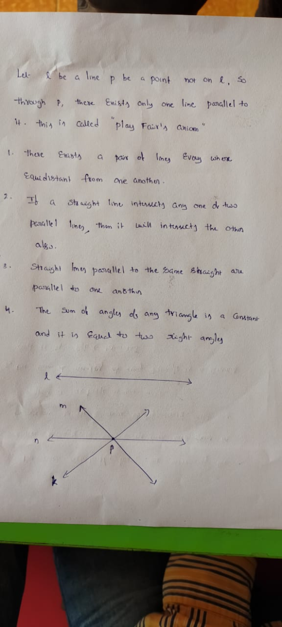 Let e be a line p be a point not on l, so through p, it. this in there called Enists only one line parallel to play Fairs a