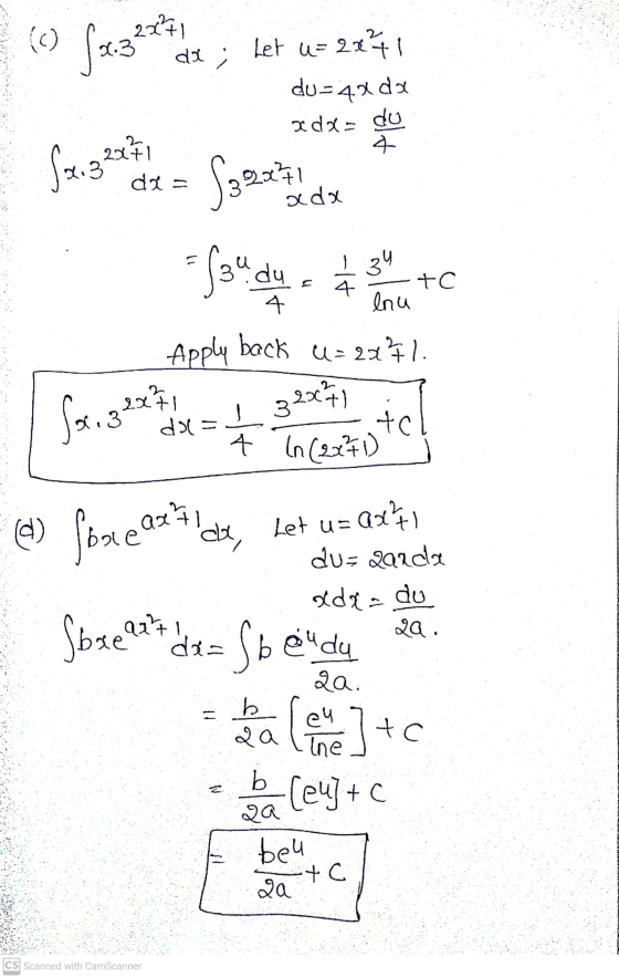 (c) 2871 2.3 da ; Let u=2x41 du-40 da a das du 4 92271 ada Sai 2 22+1 ..3 da= S3 = faudy 1 34 4 lnu tc 4. back U=2x7 1. 2 App
