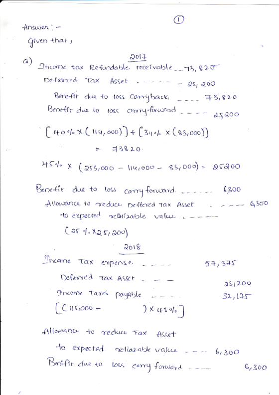 -Answer . iven that a) Incoe tax Resundable receivable Berefit d to oss Caiback 子5,820 dyaoo ㅋ3820 Br canyforund efi dua to l