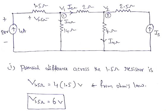 lism x Inn an 2.54 t + Vest Inn 204 LA ہال 42 Is Iur ; Potential difference across the 1,5r resistor is Voss = 4 (105) v = fr