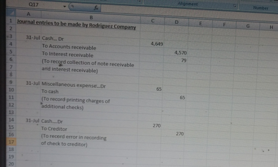 Alignment Number 017 1 Journal entries to be made by Rodriguez Company 2 31-Jul Cash... Dr 4,649 To Accounts receivable To In