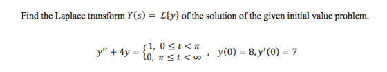 Find the Laplace transform Y(s) = [{y} of the solution of the given initial value problem. 1, 0 <t <t y + 4y = to, a st<co y