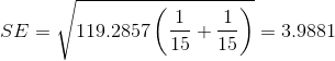 SE=\sqrt{119.2857\left ( \frac{1}{15}+\frac{1}{15} \right )}=3.9881