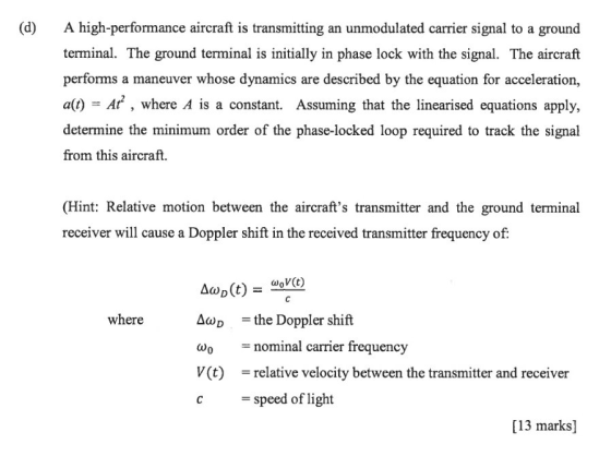 (d) A high-performance aircraft is transmitting an unmodulated carrier signal to a ground terminal. The ground terminal is in
