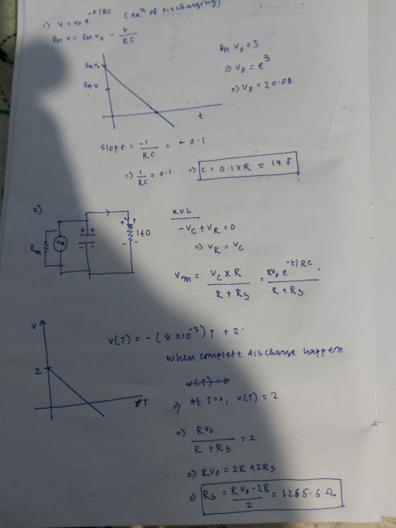+/Rc (ear of dischassi 1) V = Voe en ve envo RC en vo=3 2 Vo = x3 en v z) 0 = 20.08 slope Rc >>>C: OLYR = 14 F -) 1: RC KUL 1