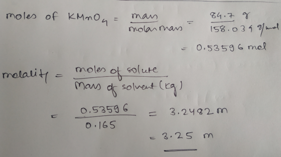 moles of KMno,mav O,535s36 mol motatittmoler of solute rrotauity moler of so SO , 5353 6 0 16S 3,25 m