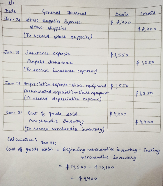 را credit Date General Journal [Jan. 31 store supplies Expense. store supplies (To record store supplies) Debit $ 2,400 $2,40