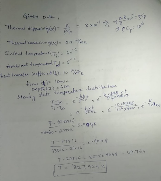 Given bate Thermal diftuivitlal)P -7 10 to6 Themd conductivityl) 0.sm Tnitial tempernture(T): 60 Ambiant temperdud T hent tra