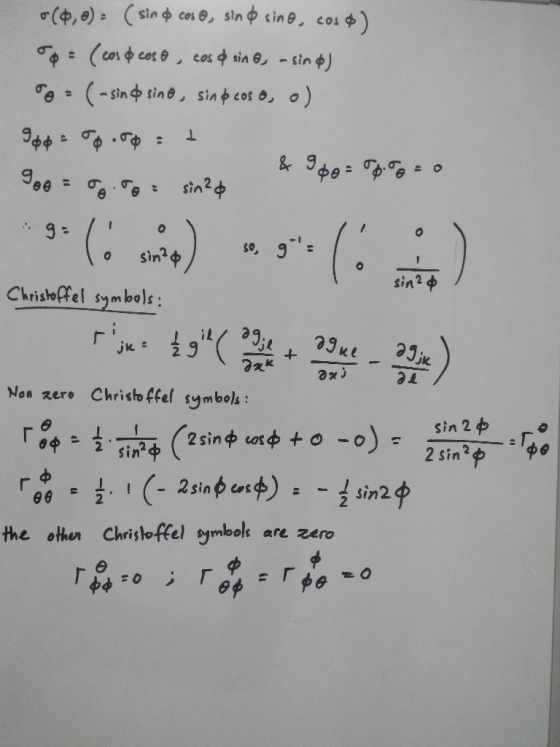 sin2中 Chrishoffel smbols: Non zere Christoffel symbols sin2φ 06 2 the othr Chrisho-ffel symbols are zero